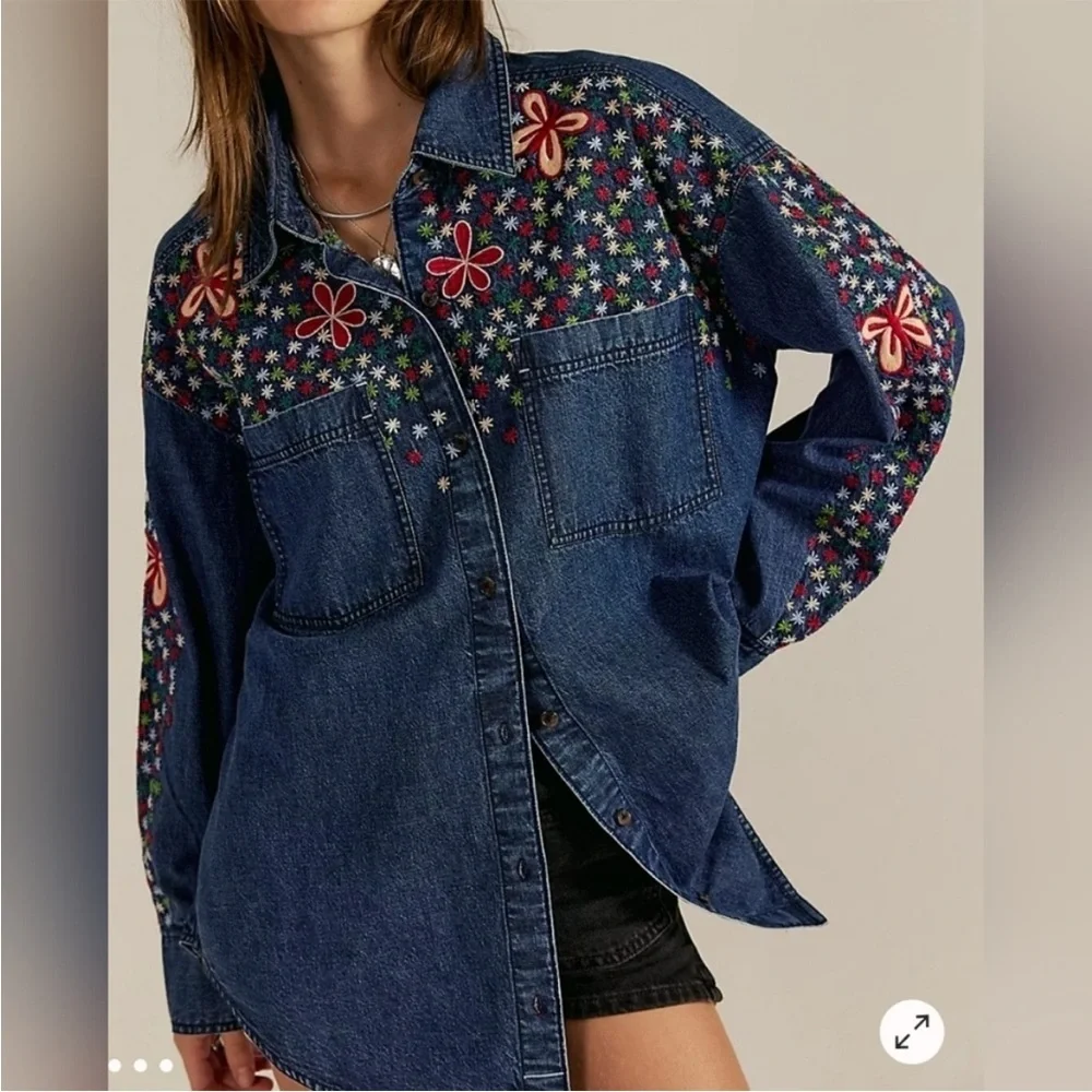 Free People Rainbow 🌈 Embroidered Denim Shirt- SM